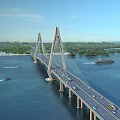 Cable Stayed Bridge Spanning Blue Water With Vehicles On Deck And Boats Below Lush Islands