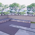 Garden Landscape Design With Trees Paved Area Seating And Distant Countryside View 3d model
