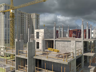 Building Exterior Wall Construction Site With Crane Concrete Structure And Scaffolding Under Development 3d model