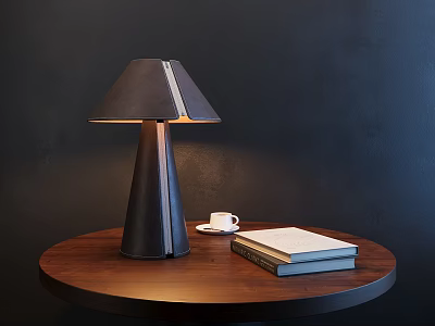 Modern Table Lamp Featuring Dark Leather Shade On Wooden Table With Coffee Cup And Books 3d model