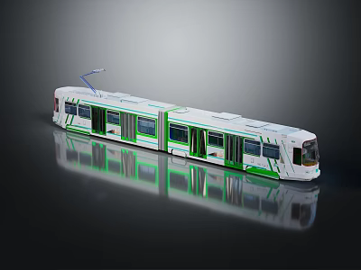 Modern Urban Tram With White And Green Streamlined Body And Multiple Glass Windows 3d model
