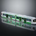 Modern Urban Tram With White And Green Streamlined Body And Multiple Glass Windows