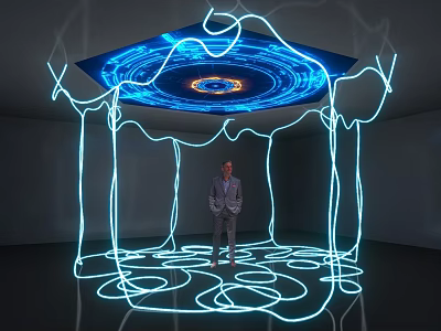 Illuminated Lines Art Installation With Hexagonal Blue Ceiling And Person In Center 3d model