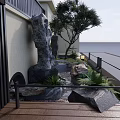 Modern Japanese Garden Landscape with Black Gate Stone Lantern and Green Plants