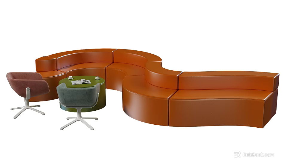 Modern Orange Curved Leather Sofa And Green Round Coffee Table Set 3d model