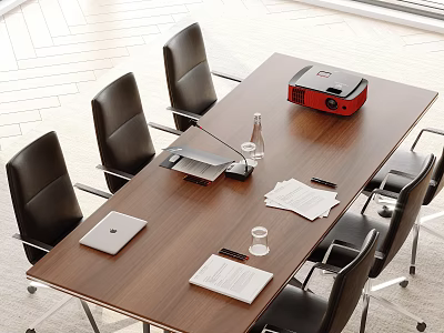 Wooden Conference Table with Black Chairs Red Projector Laptop Water Glass and Papers 3d model