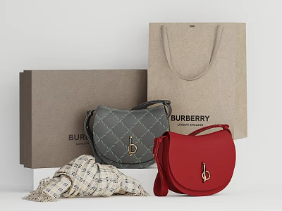 Burberry Luxury Handbags and Boxes with Quilted Red Saddle Bag and Check Scarf 3d model