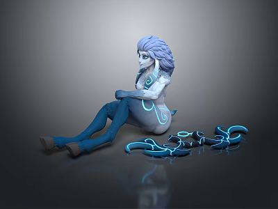 Game Movie Character Lavender Hair Glowing Blue Lines Sitting On Ground Surrounded By Blue Parts 3d model