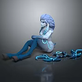 Game Movie Character Lavender Hair Glowing Blue Lines Sitting On Ground Surrounded By Blue Parts