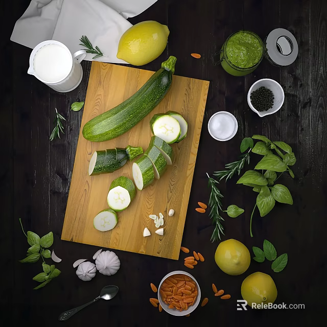 Fresh Zucchini Sliced on Wooden Cutting Board with Garlic Lemon and Herbs 3d model 