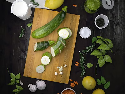 Fresh Zucchini Sliced on Wooden Cutting Board with Garlic Lemon and Herbs 3d model