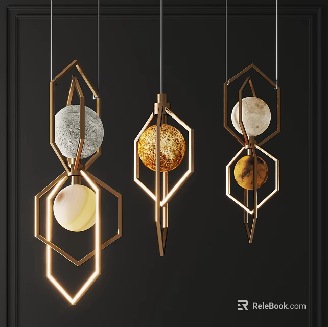Modern Geometric Chandeliers With Hexagonal Frames And Planet Inspired Metallic Decor 3d model
