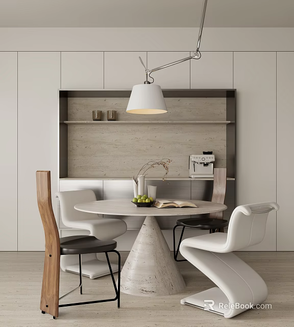 Modern Restaurant Interior Design With Round Dining Table Pendant Light And White Chairs 3d model