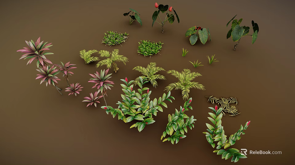 Diverse Green And Colorful Foliage Plants Arranged On Brown Background Surface 3d model 