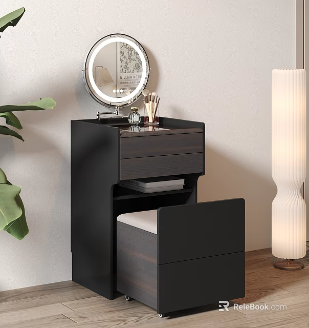 Modern Black Dressing Table With Round Mirror Drawers And Stool 3d model 