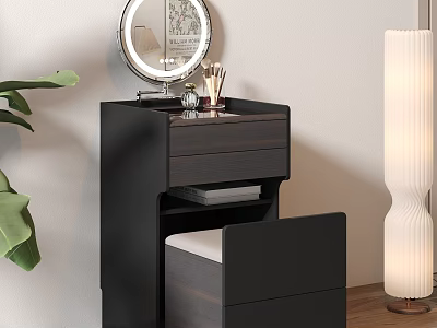 Modern Black Dressing Table With Round Mirror Drawers And Stool 3d model