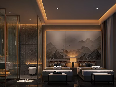 Modern SPA Sauna Interior With Mountain Mural Warm Lighting And Relaxation Loungers 3d model