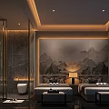 Modern SPA Sauna Interior With Mountain Mural Warm Lighting And Relaxation Loungers
