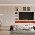 Modern Living Room With White Cabinets TV Wall Orange Trim Coffee Table And Green Plant