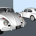 Two Vintage White Beetle Cars Parked In Modern Clean Display Space
