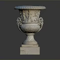 Classical Stone Urn With Carved Floral Patterns And Decorative Handles Blue Lid Square Base