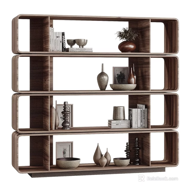 Modern Wooden Shelving Unit With Multi Tiered Design And Decorative Items Books Vases Bowls 3d model 