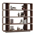 Modern Wooden Shelving Unit With Multi Tiered Design And Decorative Items Books Vases Bowls