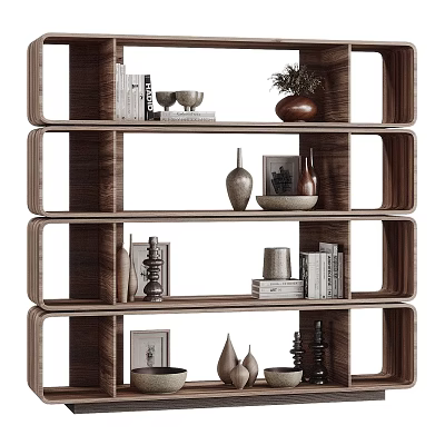 Modern Wooden Shelving Unit With Multi Tiered Design And Decorative Items Books Vases Bowls 3d model