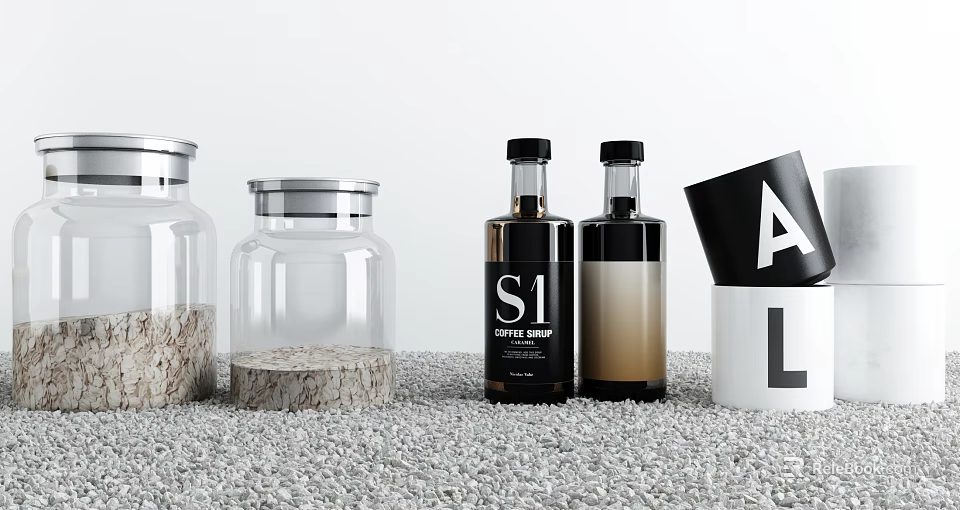 Cosmetic Products Display With Glass Jars And Bottles 3d model 
