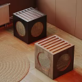 Square Wooden Stools With Hollow Stripes And Round Mesh Design For Home Decor