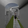 White Arched Pergola With Lattice Design Sunlight Shadows Grass Pathway And Walking Person