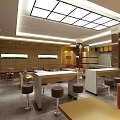Modern Restaurant Interior With Dining Tables Chairs Lighting And Wall Decor