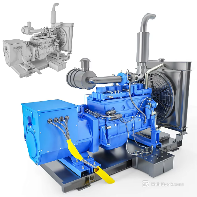 Blue Industrial Diesel Engine with Fan Radiator Pipes and Mechanical Components 3d model 