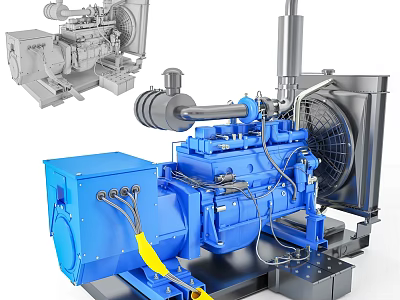 Blue Industrial Diesel Engine with Fan Radiator Pipes and Mechanical Components 3d model