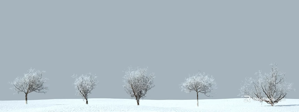 Three Snow Covered Trees Standing On Snowy Ground Under Gray Sky 3d model