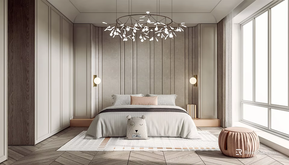 Cozy Kids Bedroom With Gray Striped Walls Bed Pillows Stuffed Toy And Chandelier 3d model 