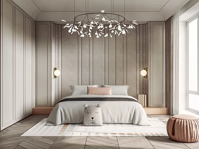 Cozy Kids Bedroom With Gray Striped Walls Bed Pillows Stuffed Toy And Chandelier 3d model