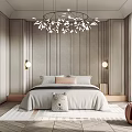 Cozy Kids Bedroom With Gray Striped Walls Bed Pillows Stuffed Toy And Chandelier