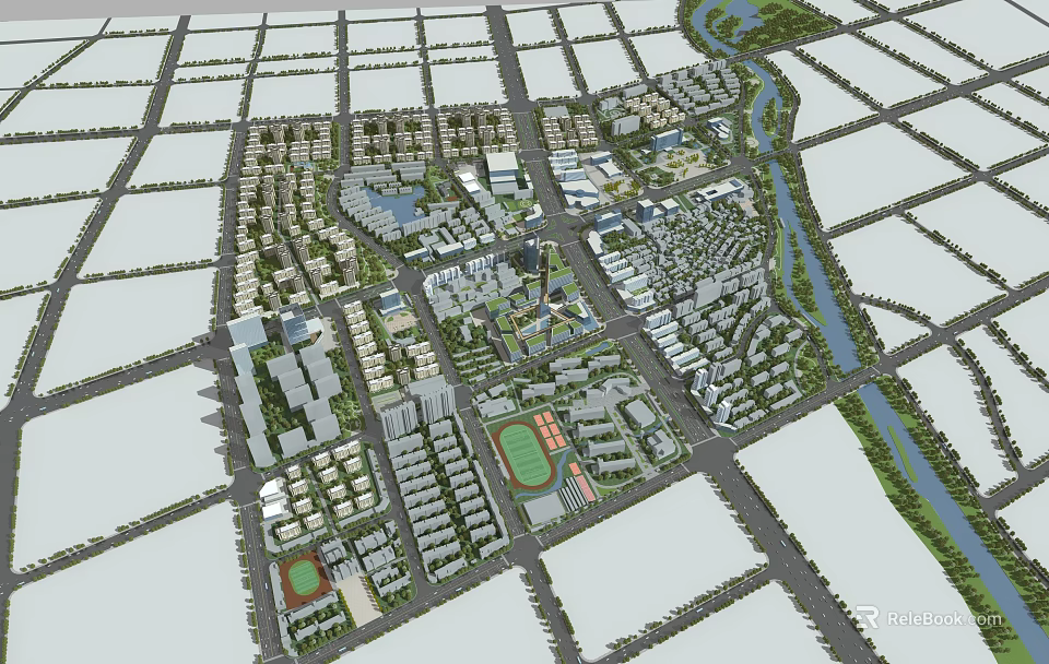 Urban Aerial Planning With Grid Roads Buildings Green Spaces And Meandering River 3d model 