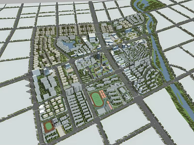 Urban Aerial Planning With Grid Roads Buildings Green Spaces And Meandering River 3d model