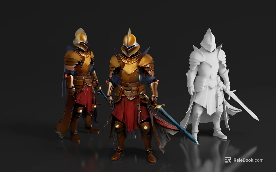 Game Movie Character 3D Model With Armored Warriors Golden Armor Red Cape And White Version 3d model 