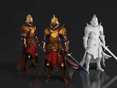 Game Movie Character 3D Model With Armored Warriors Golden Armor Red Cape And White Version 3d model