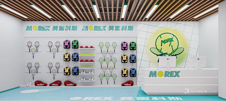 MOREX Sports Fitness Equipment Display With Tennis Rackets Bags And Shelves In Shop 3d model 