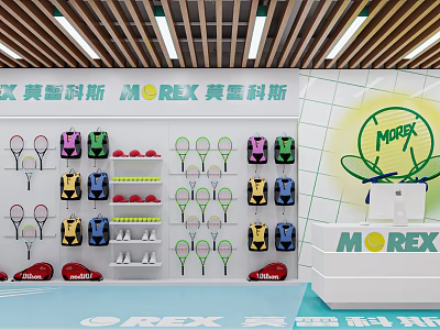MOREX Sports Fitness Equipment Display With Tennis Rackets Bags And Shelves In Shop 3d model