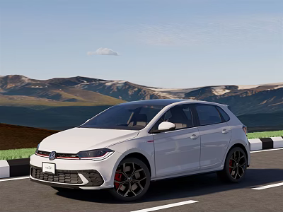 White Volkswagen Golf GTI 5 Door Hatchback With Sporty Design On Mountain Road 3d model