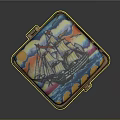 Colorful Decorative Box With Painted Wave Patterns Ship Design And Gold Trim