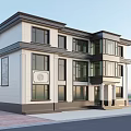 Modern Two Story Detached Villa With White Exterior Black Frames Spacious Windows And Decorative Patterns