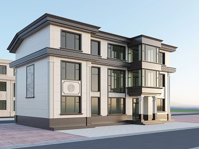 Modern Two Story Detached Villa With White Exterior Black Frames Spacious Windows And Decorative Patterns 3d model