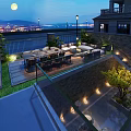 Modern Garden Landscape with Terrace Lawn Outdoor Furniture and Moonlit Night View