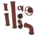 Rusty Red Industrial Metal Pipe Components Including Straight Pipes Elbows Flanges And Valves